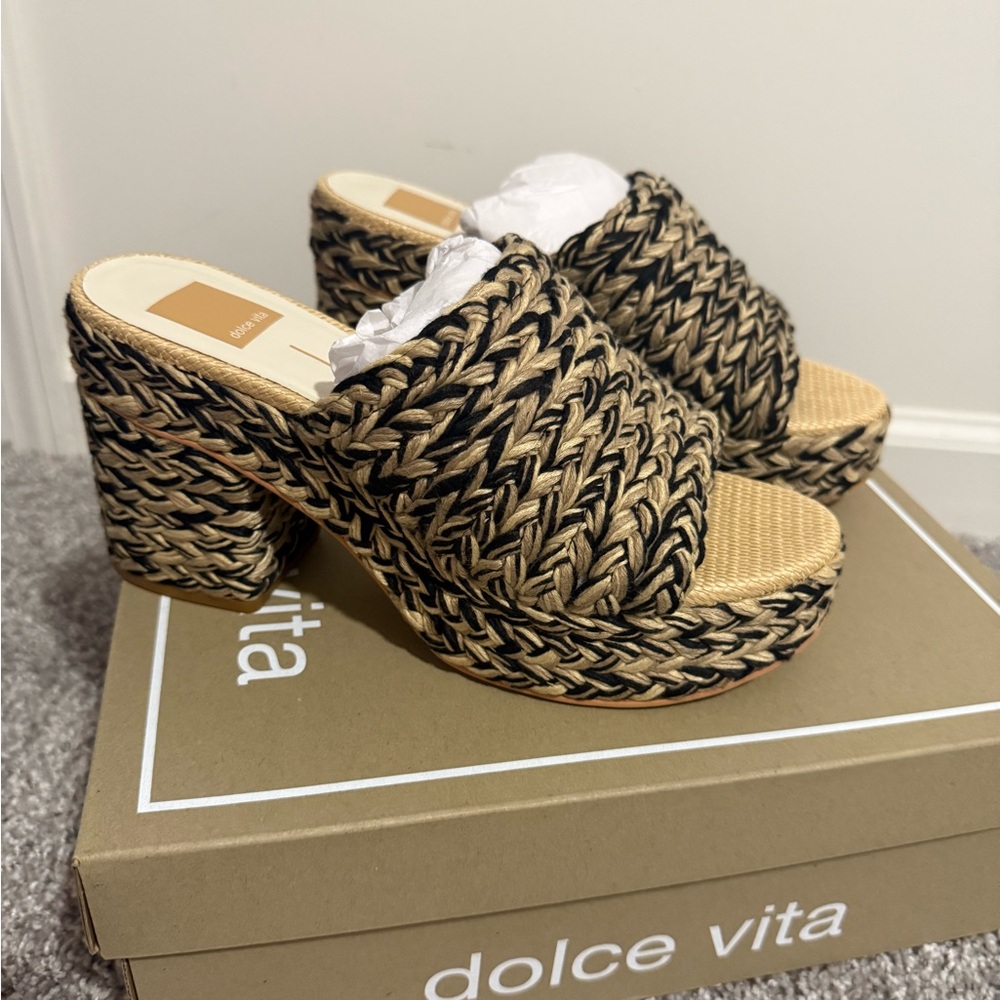 Dolce Vita Tan and Black Mules with Woven Design